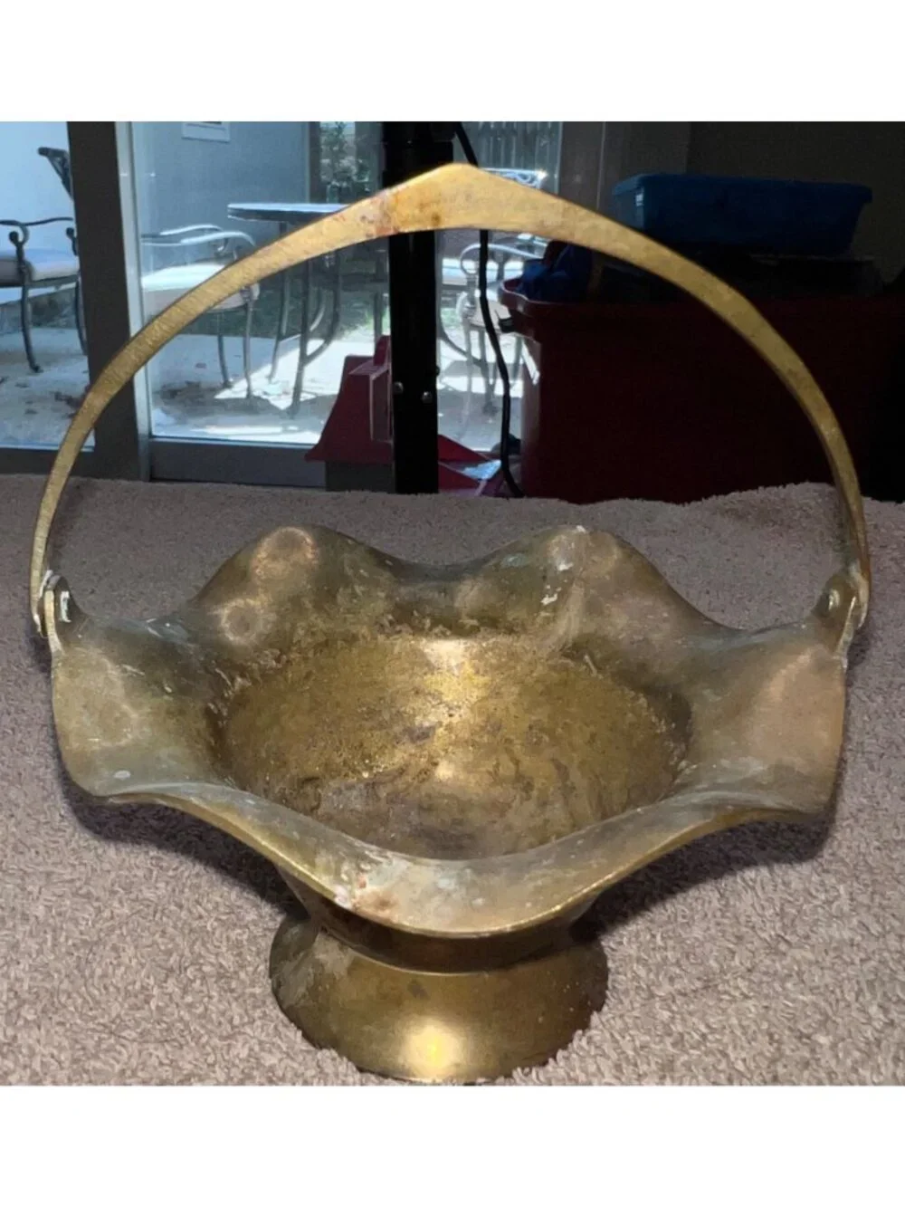 Vintage Brass Pedestal Basket Scalloped Edges and Handle Rustic Patina Finish